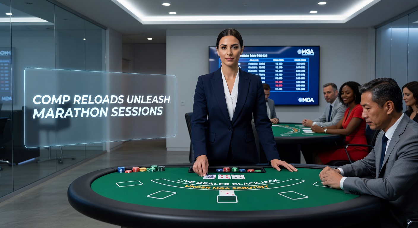 Live-Dealer am Blackjack-Tisch mit Comp-Reload-Angeboten auf einem MGA-lizenzierten Bildschirm, der eine lange Session andeutet