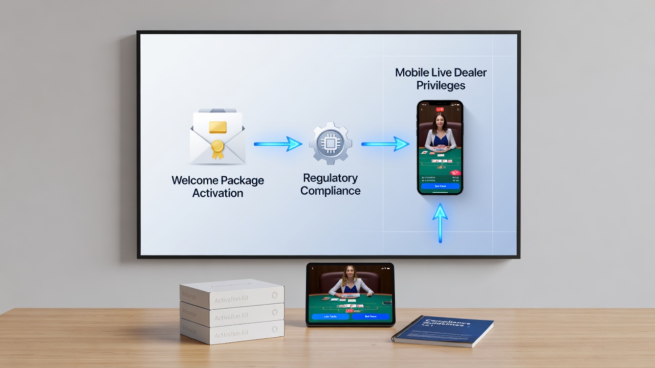 Mobile Live-Dealer-Sitzung mit Compliance-Overlay auf dem Bildschirm
