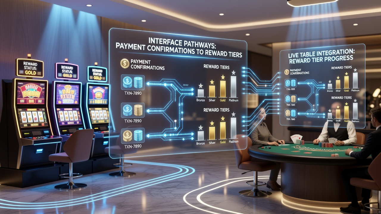Illustration von Belohnungspfaden zwischen mobilen Zahlungssystemen und gestaffelten VIP-Tiers für Casino-Spiele