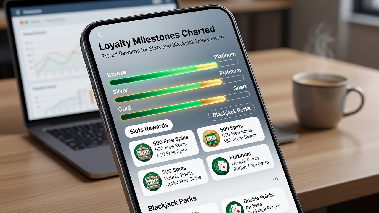 Detailansicht der mobilen App-Navigation durch verschiedene Treue-Stufen mit Belohnungsübersicht für Slots und Blackjack