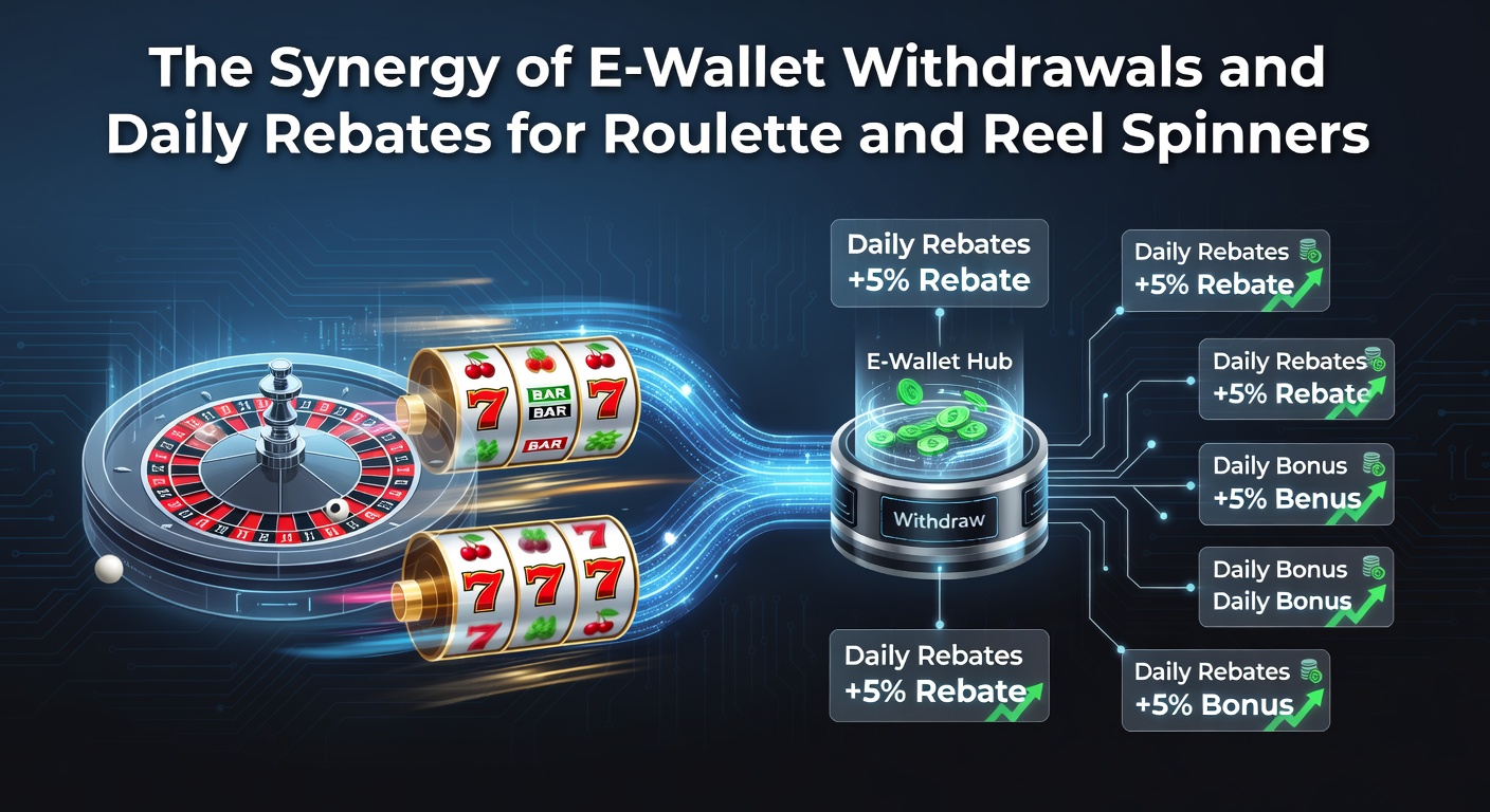 Grafik zeigt E-Wallet-Transaktionen und Rabatt-Icons neben Roulette- und Slot-Maschinen, die die nahtlose Integration illustrieren